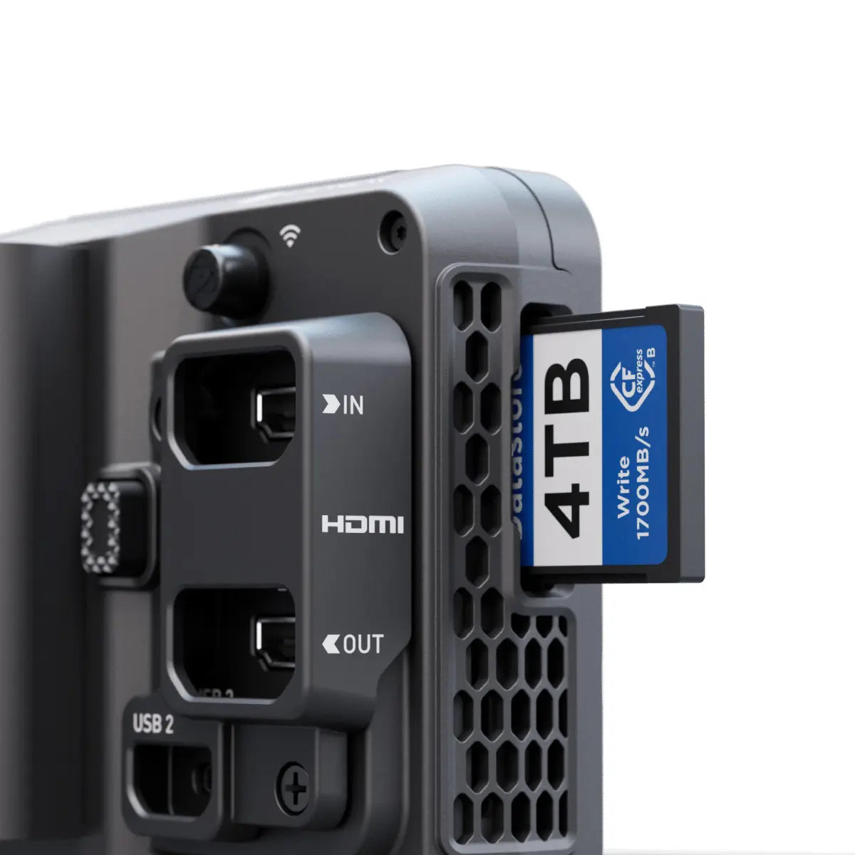 Black electronic device with connectors and a 4TB CFast card on a white background