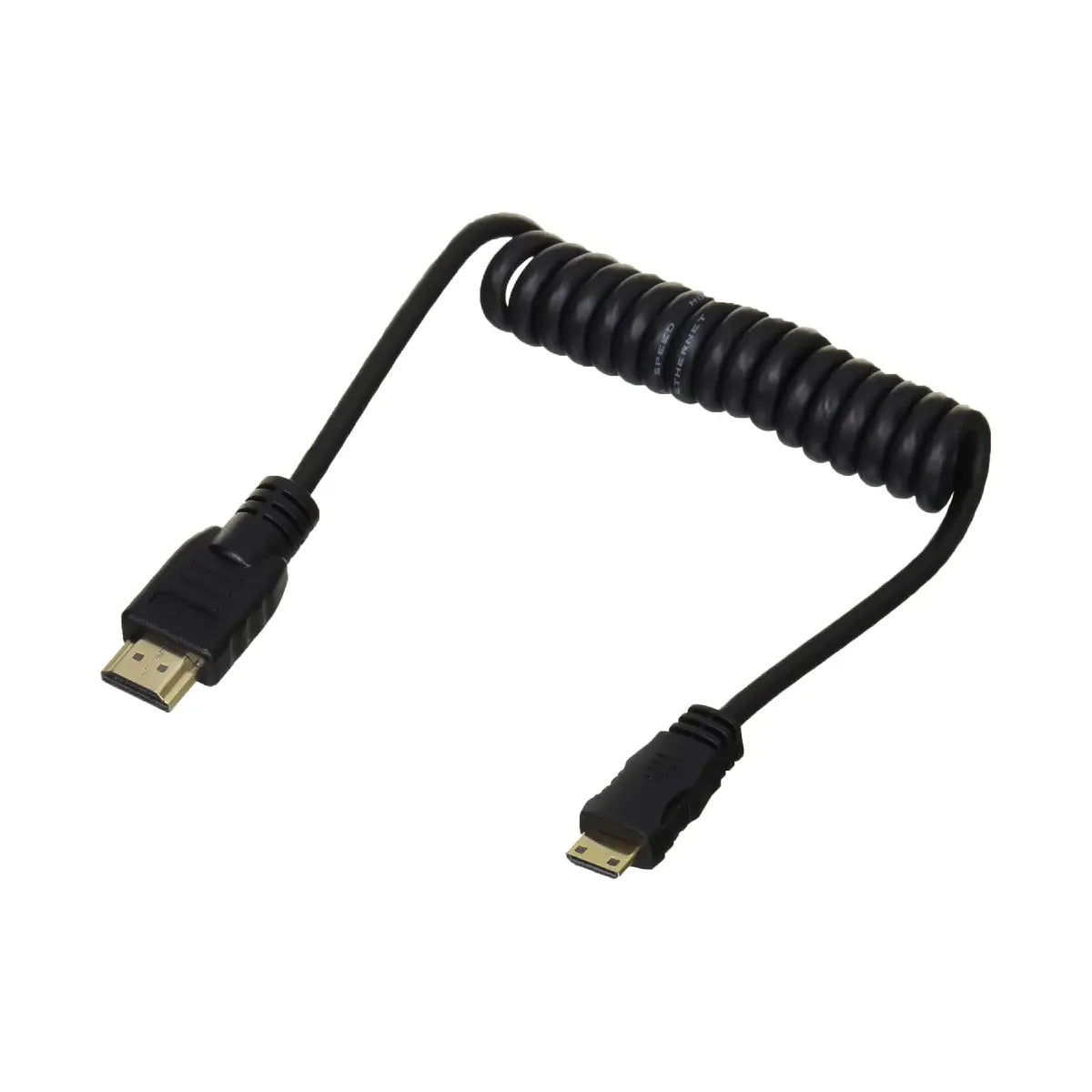 Coiled black HDMI cable on a white background