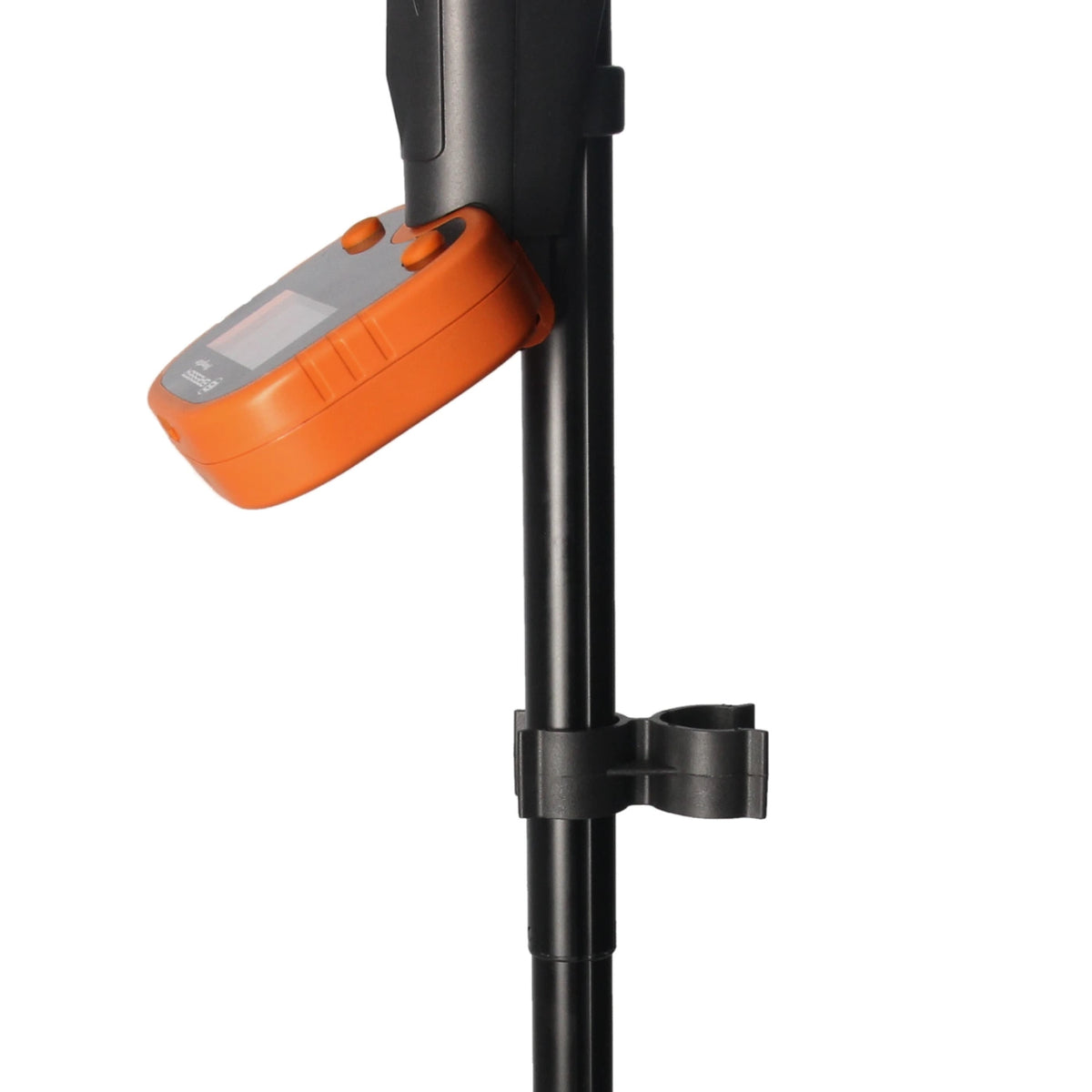 An orange and black electronic device with a small display screen, mounted onto a black metal pole using a black clamp, shown against a plain white background.