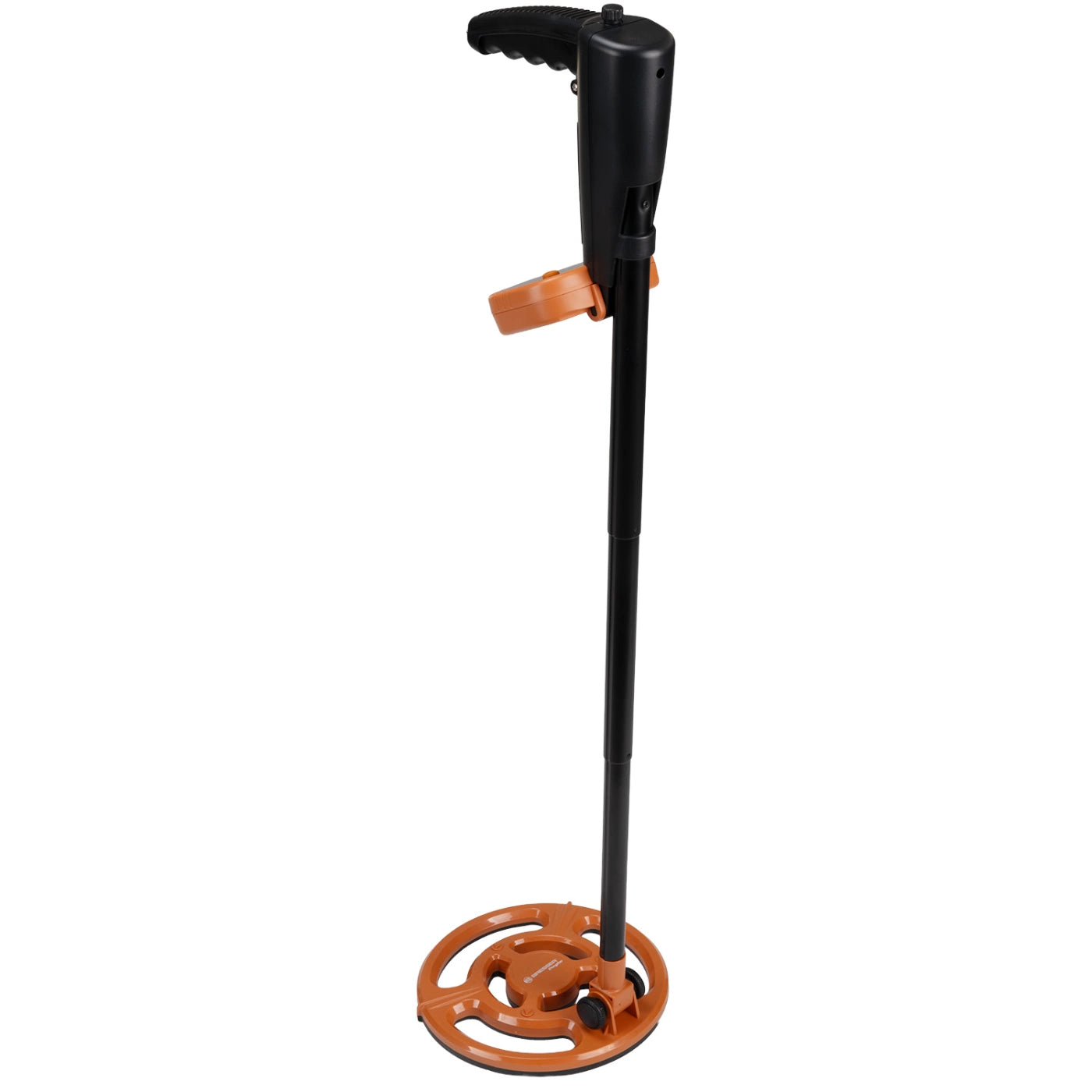 A metal detector with a black handle and pole, and an orange circular coil and adjustment strap, shown on a plain white background.