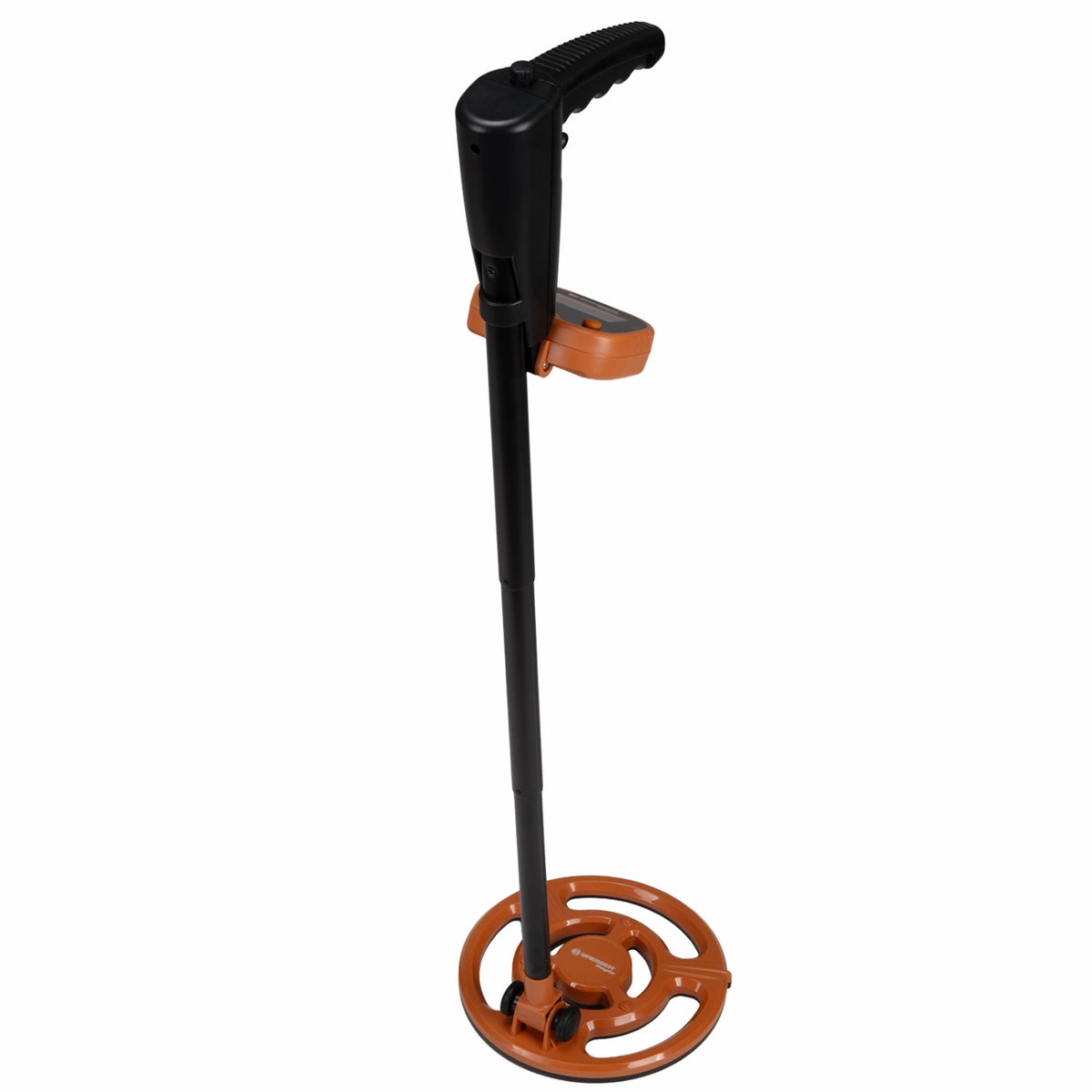 A metal detector with a black handle and shaft, and an orange circular coil and side switch, shown on a plain white background.