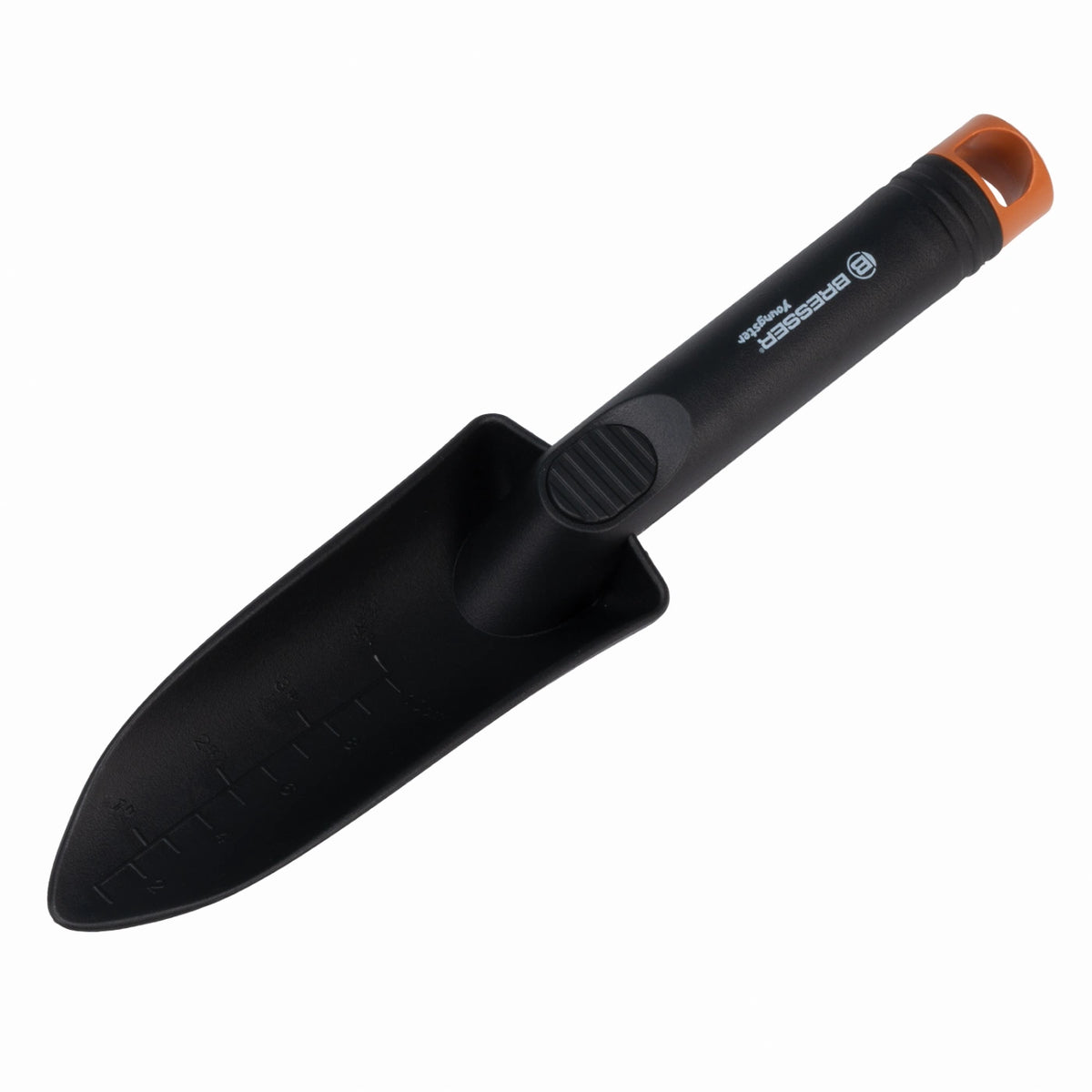 A black plastic hand trowel with a matching black sheath, featuring a copper-colored protective cap on the handle, shown on a plain white background.