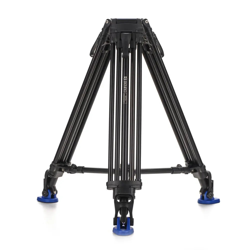 Black tripod with blue foot pads on a white background
