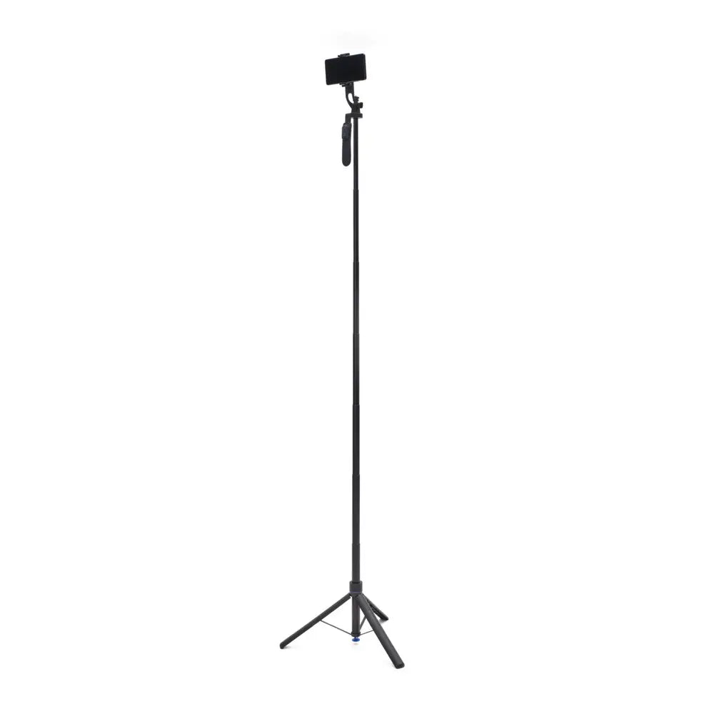 Black selfie stick with tripod on a white background