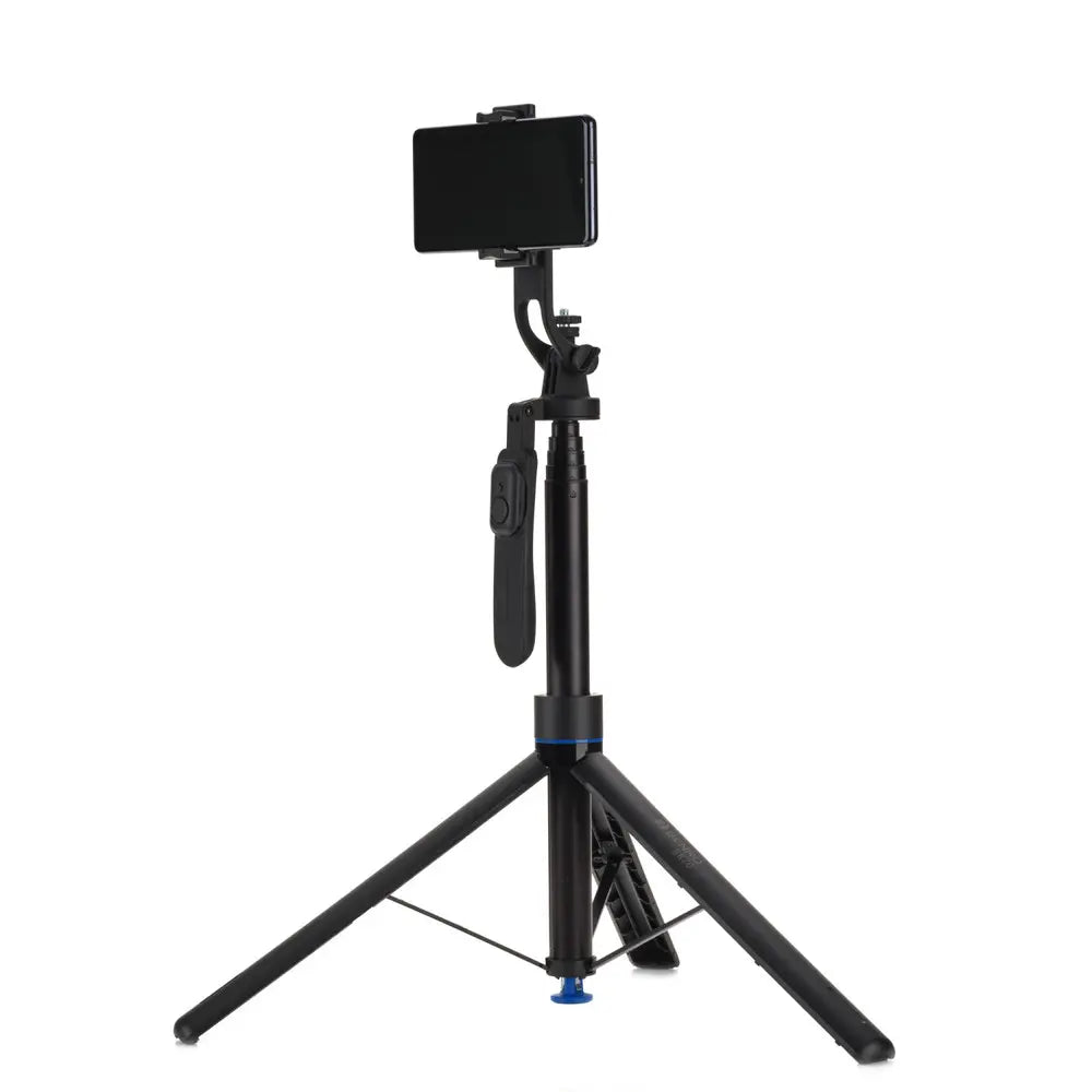 Black smartphone holder with tripod on a white background