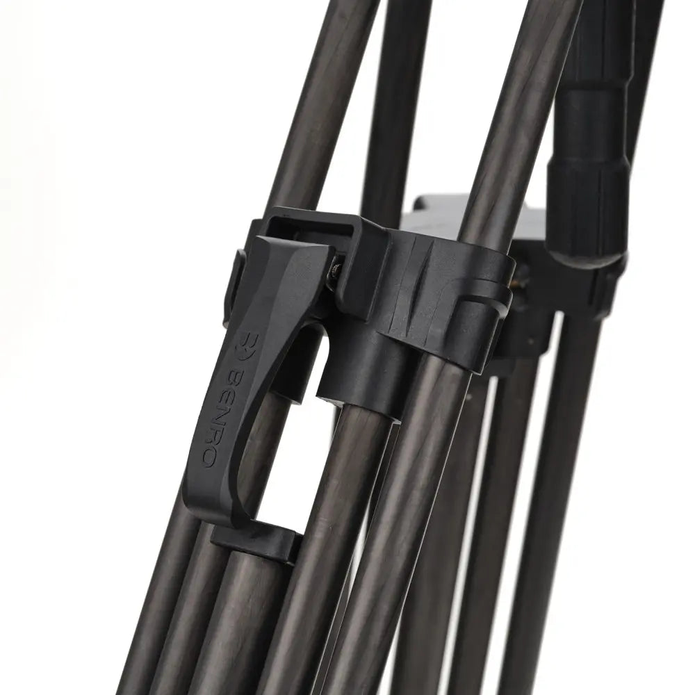 Close-up of a black tripod with ENFICO branding on a white background