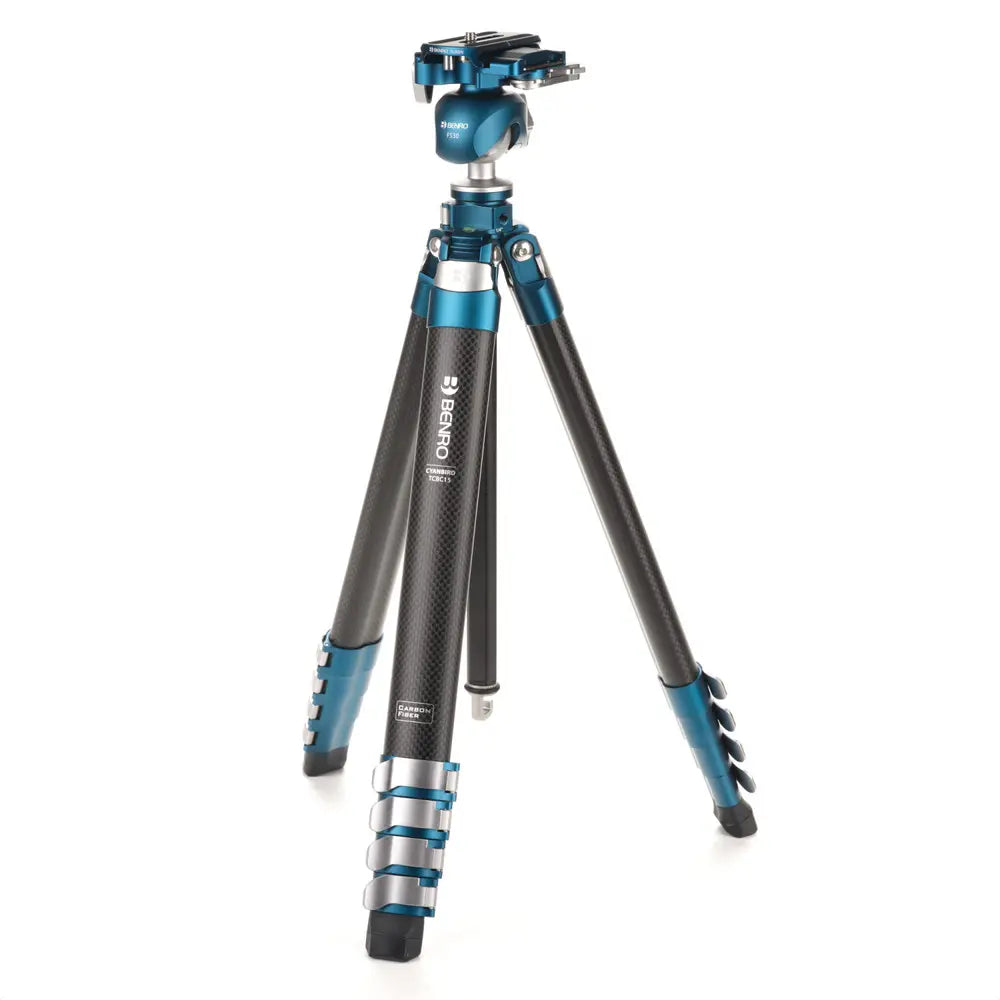 Benro Cyanbird Carbon Fiber Tripod with blue accents and FS30 Ball Head, fully extended and set on a white background.