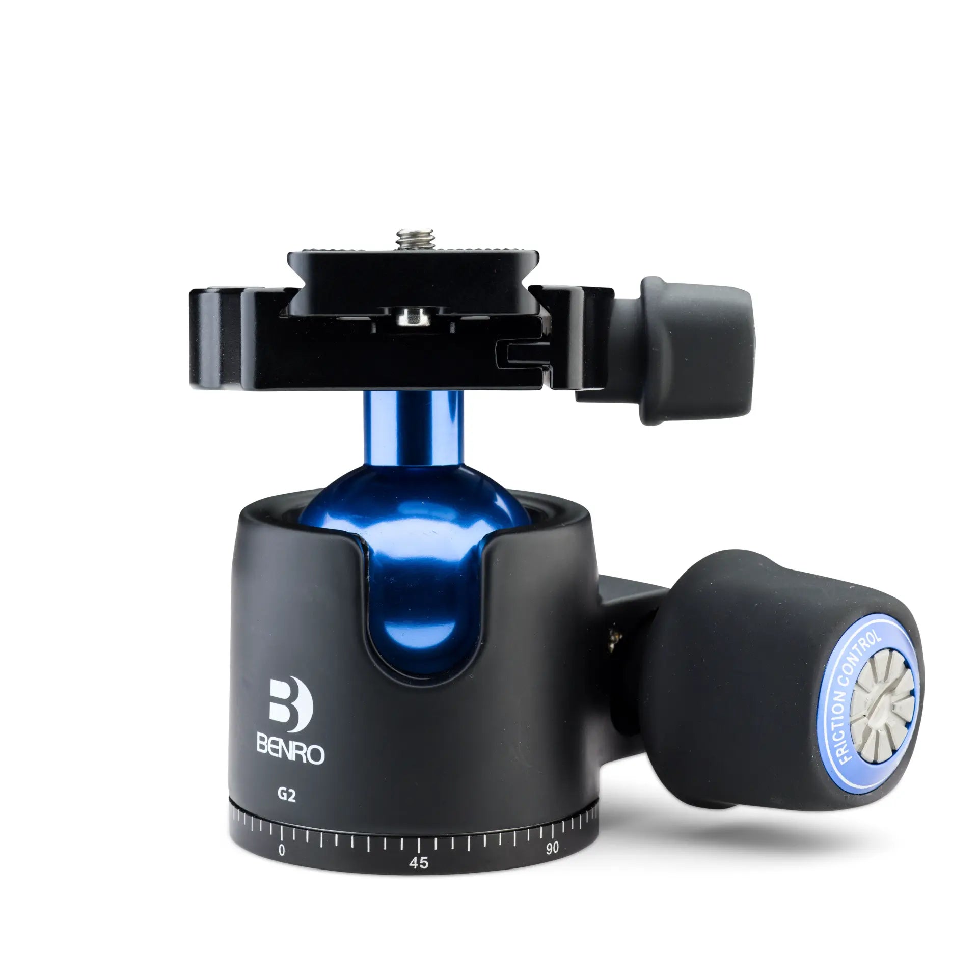 Benro G2 Low Profile Ballhead, a tripod head with a quick release plate, bubble level, and a scale on the base, predominantly black with blue accents.