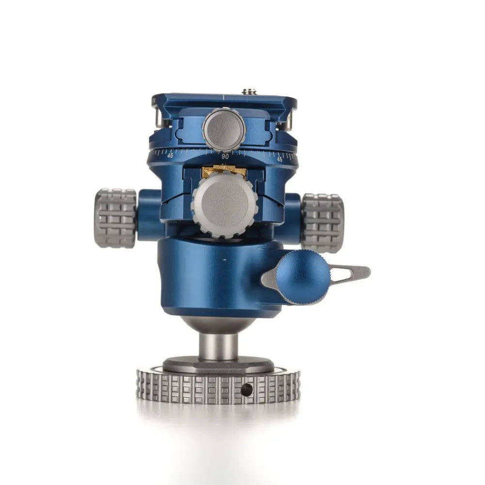 Blue and silver mechanical device on a white background