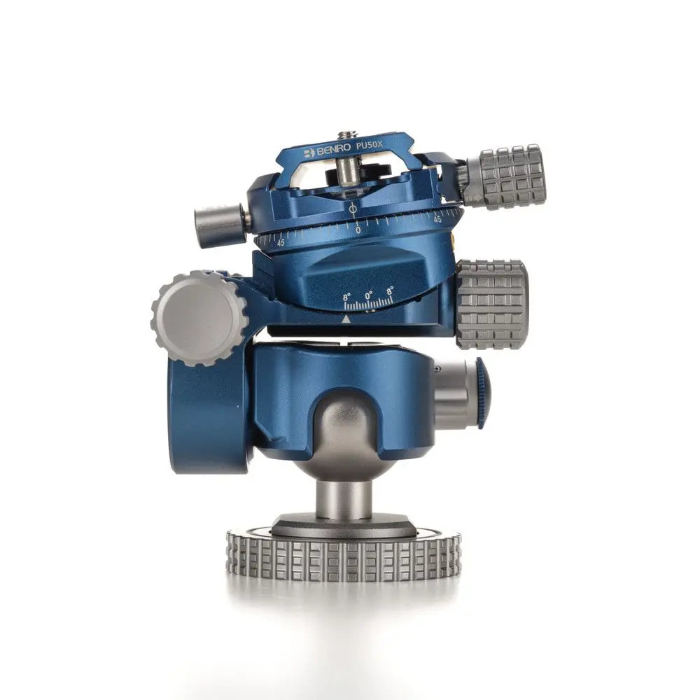 Blue and silver camera lens support on a white background