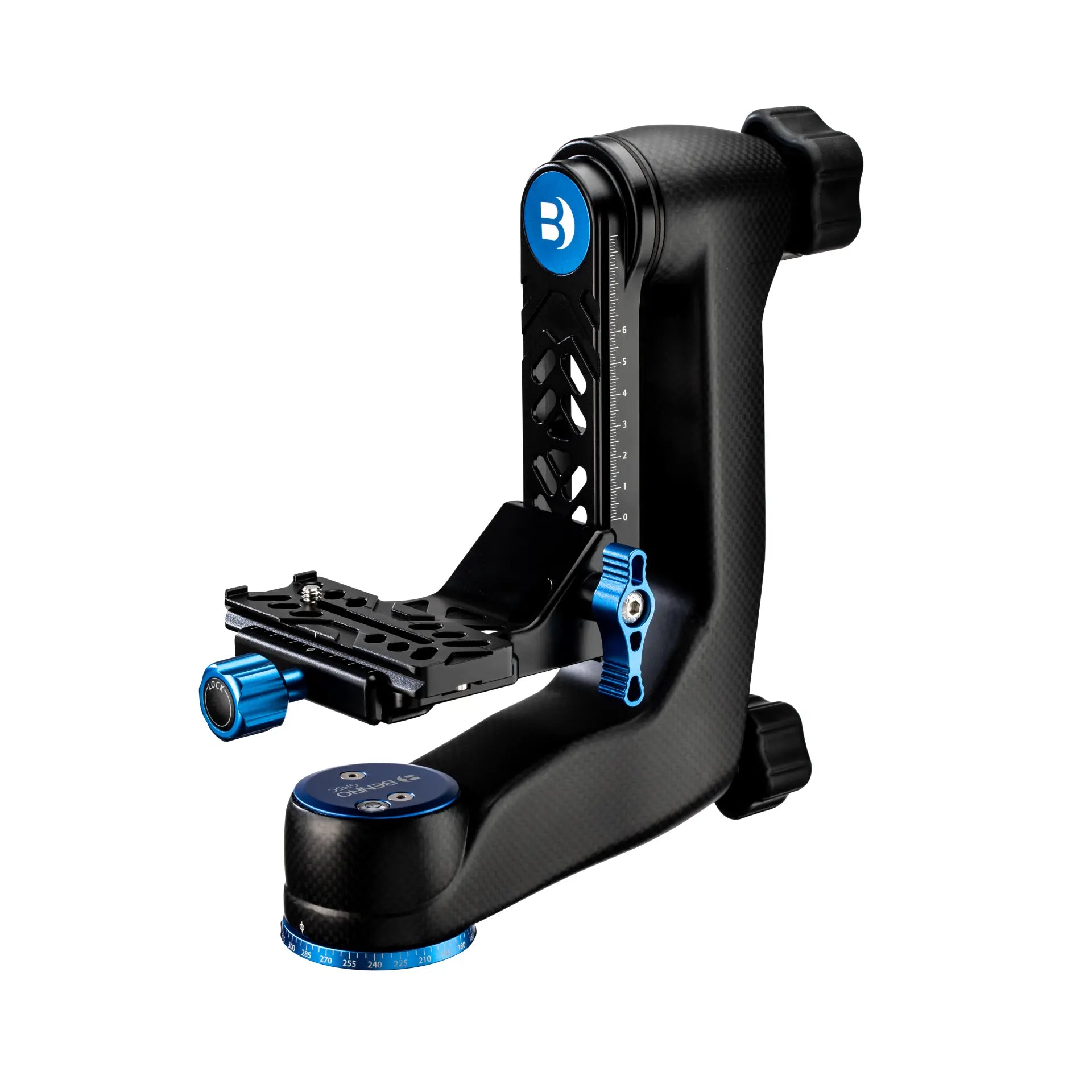 Benro GH5C Carbon Fibre Gimbal Head with Arca Swiss quick release plate, predominantly black with blue accents.