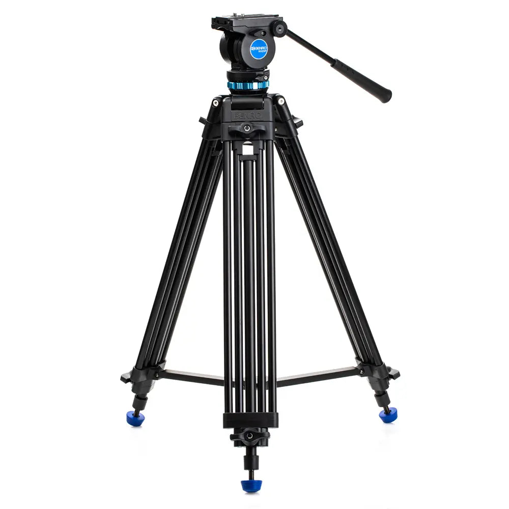 A Benro KH25P video tripod with a head, featuring a black two-stage aluminum tripod with blue twist locks and rubber feet.