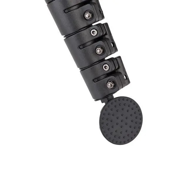 Close-up of a black mechanical arm with a round, textured end on a white background