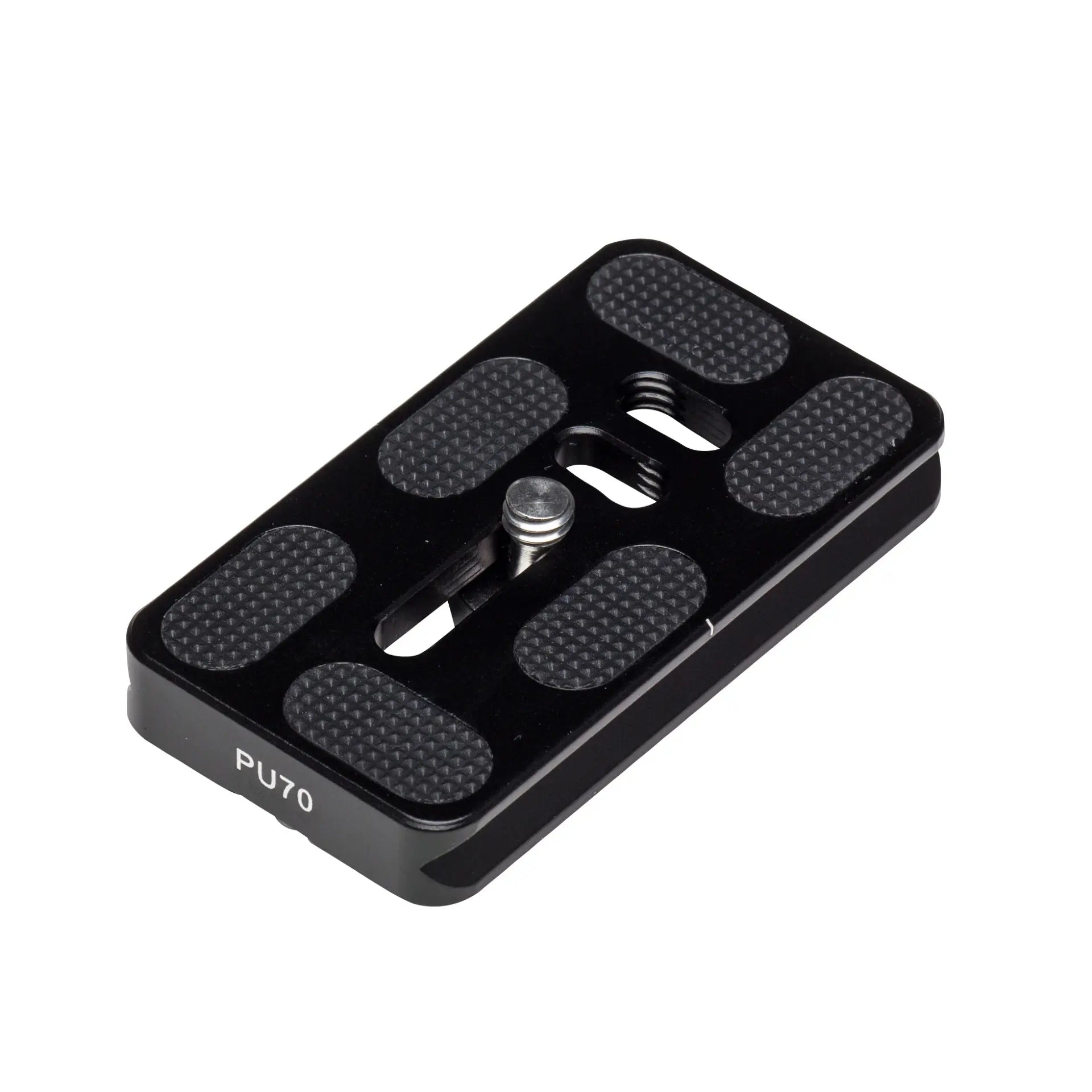 A black Benro PU70 Arca-Swiss style quick release plate made of aluminium alloy with a stainless steel screw, featuring a slide-proof rubber mat.