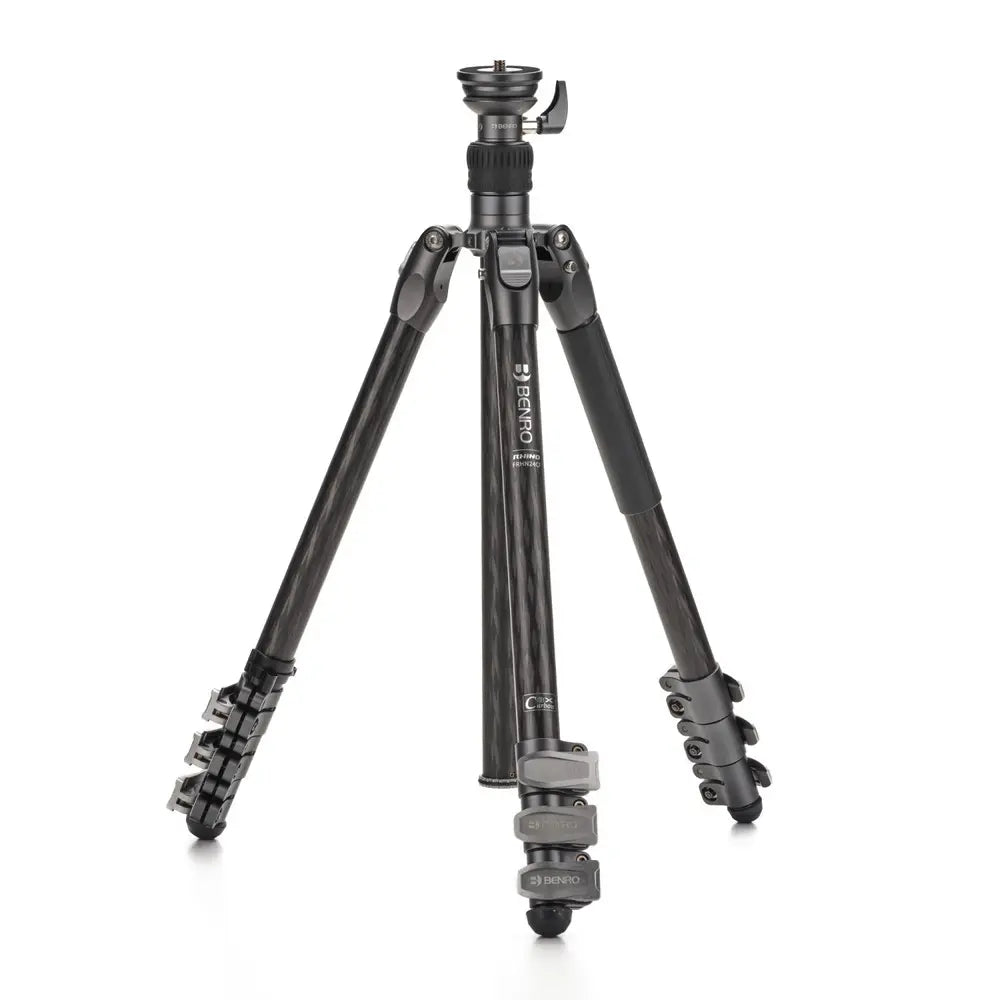 Black tripod with adjustable legs on a white background
