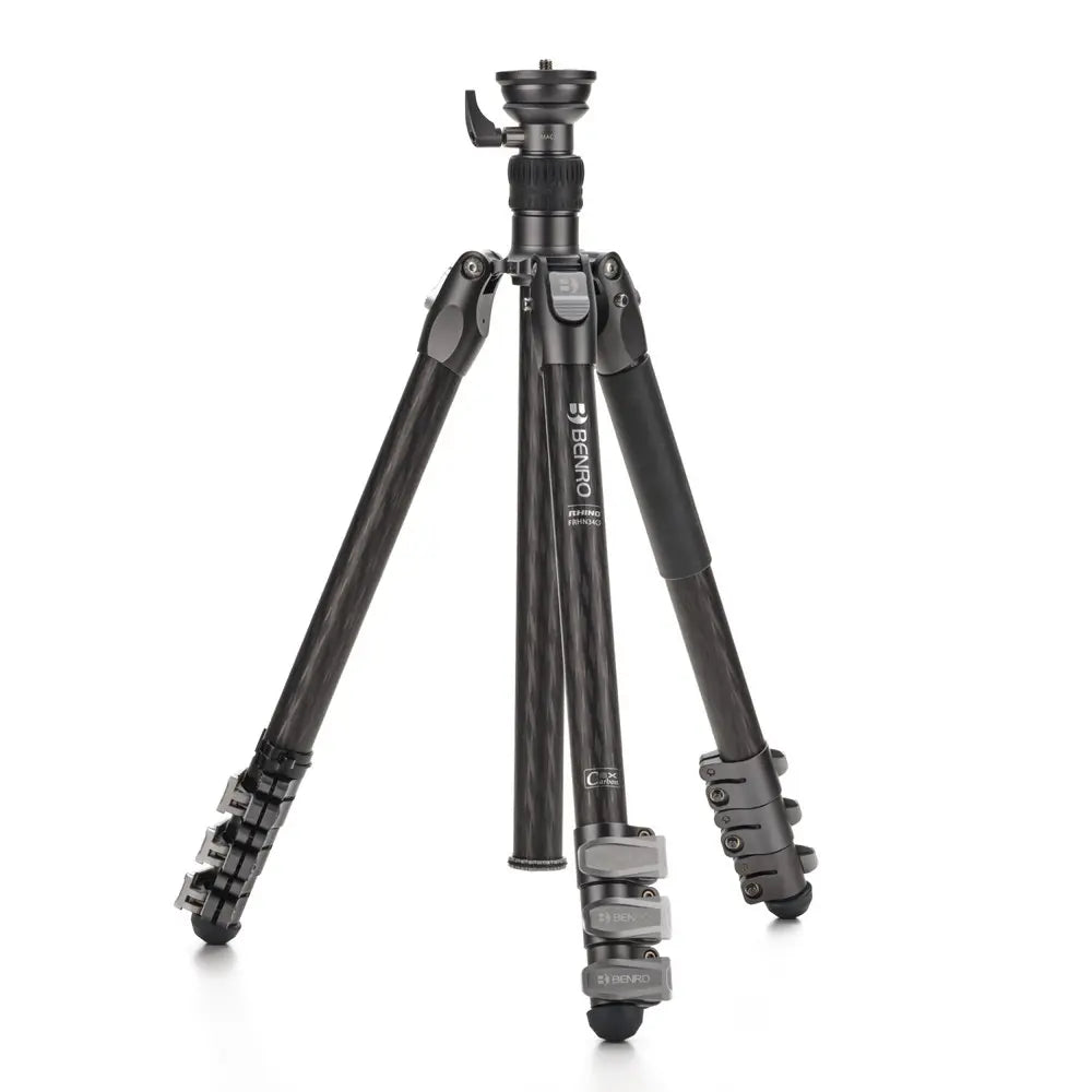 Black tripod with adjustable head on a white background