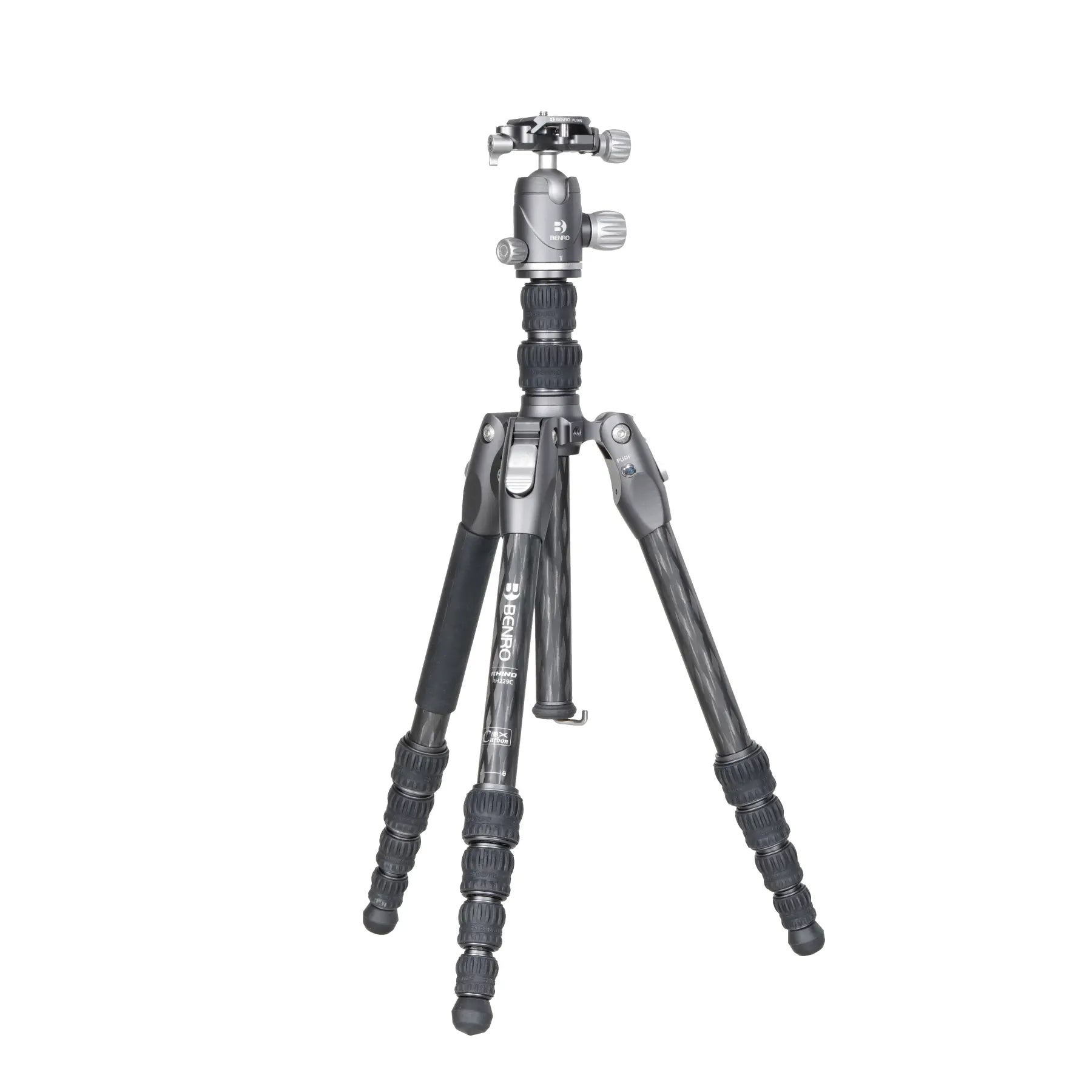 A black Benro Rhino carbon fiber tripod with VX20 head, displayed in an extended position against a white background.
