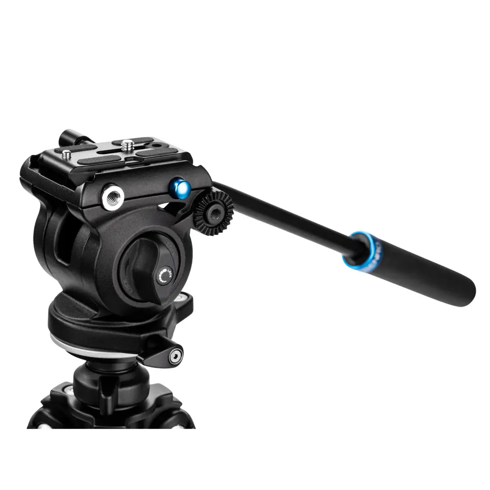 A Benro S2Pro Video Head with a flat base, quick-release camera plate, and an attached black microphone.
