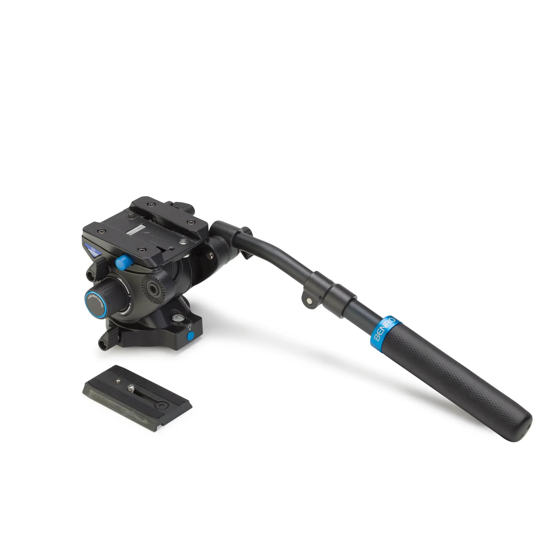 Benro S6 PRO Flat Base Fluid Video Tripod Head with a black and blue color scheme, showcasing the side view with the pan bar and the flat base.