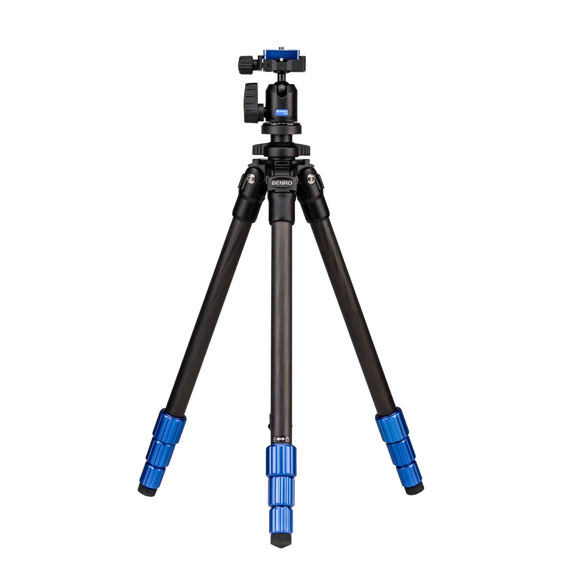 Benro TSL08CN00 Slim Carbon-Fibre Tripod with a ball head, featuring black legs with blue anodized aluminum twist locks and a silver quick release plate.