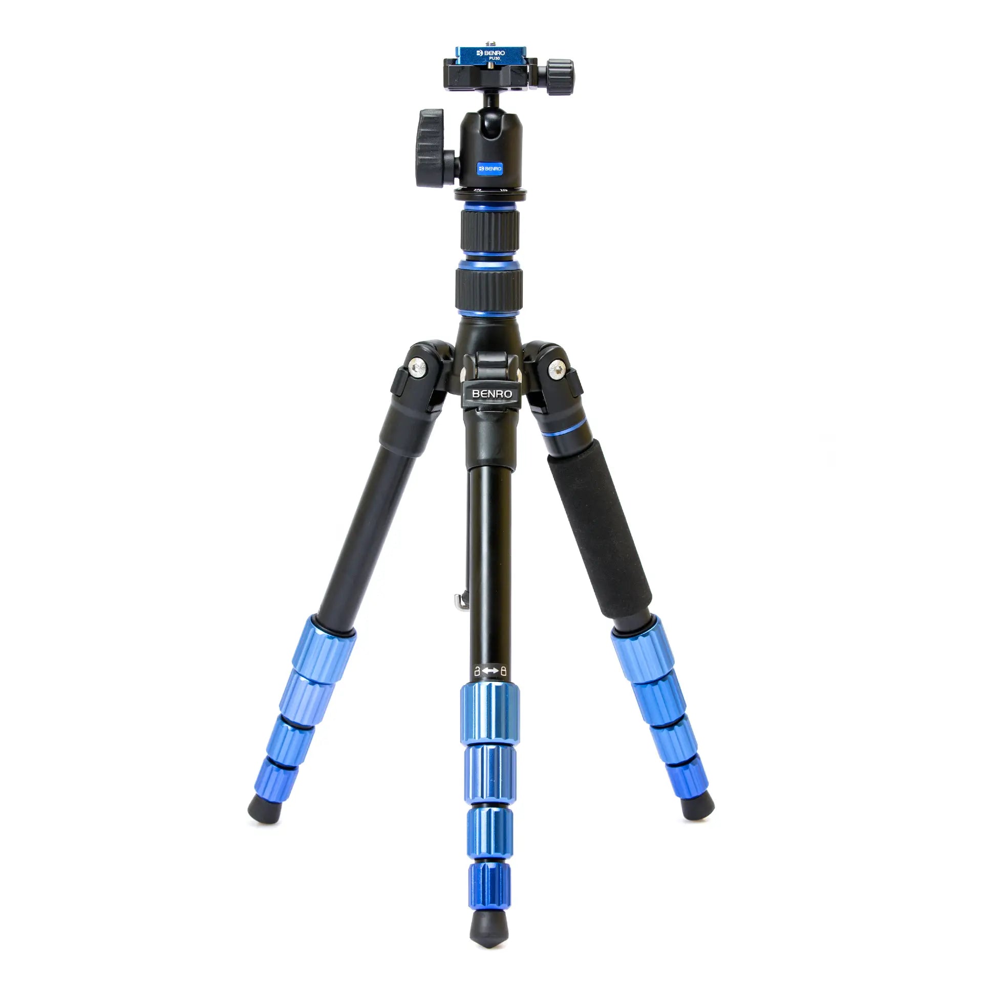 A compact and lightweight Benro Slim Travel Aluminium Tripod with black and blue anodized aluminium legs, a ball head, and reverse folding design.