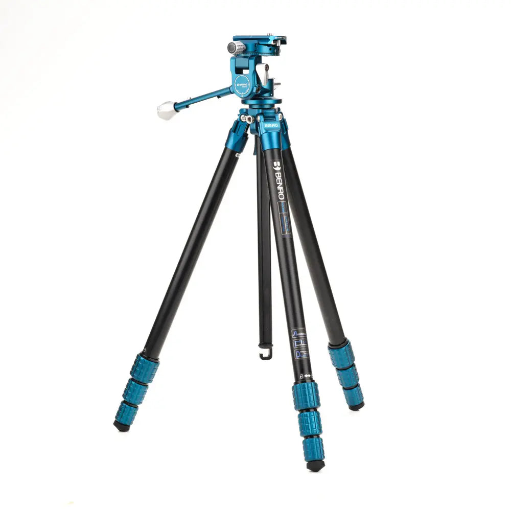 Camera tripod with blue accents on a white background