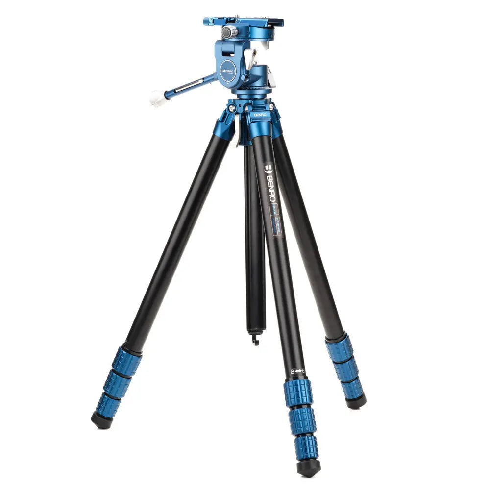 Black and blue tripod with a head on a white background