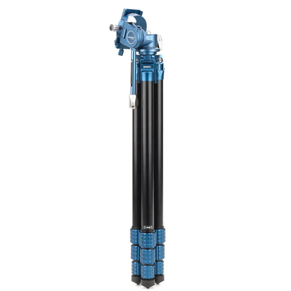 Blue and black tripod on a white background