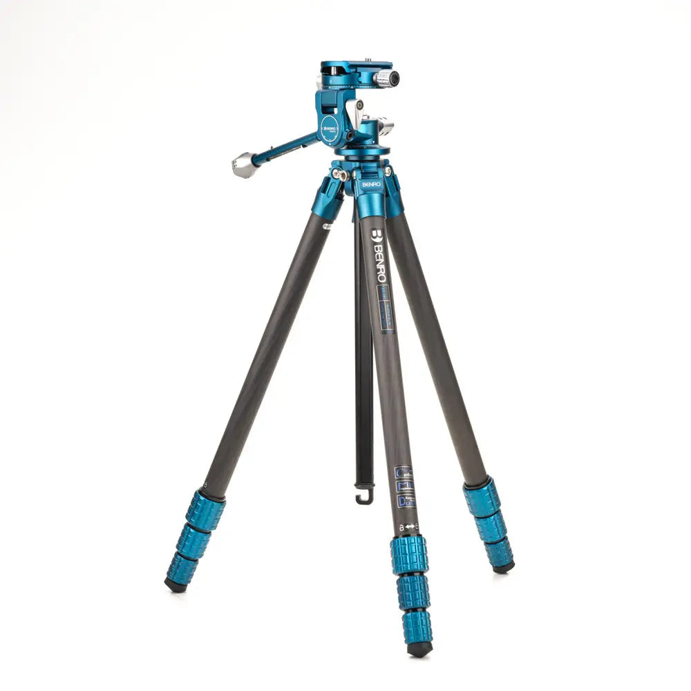 Blue and black tripod on a white background