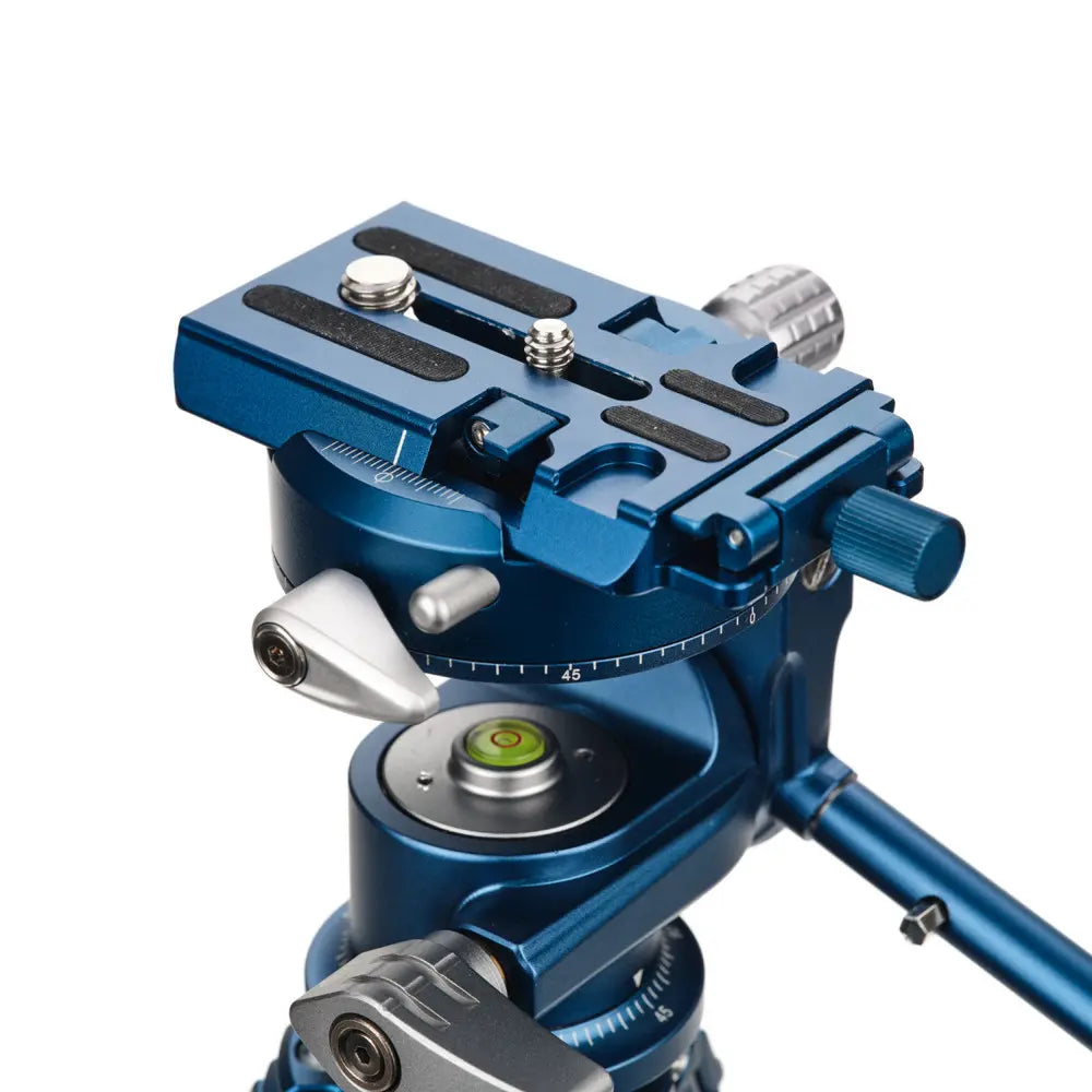 Blue camera tripod head on a white background