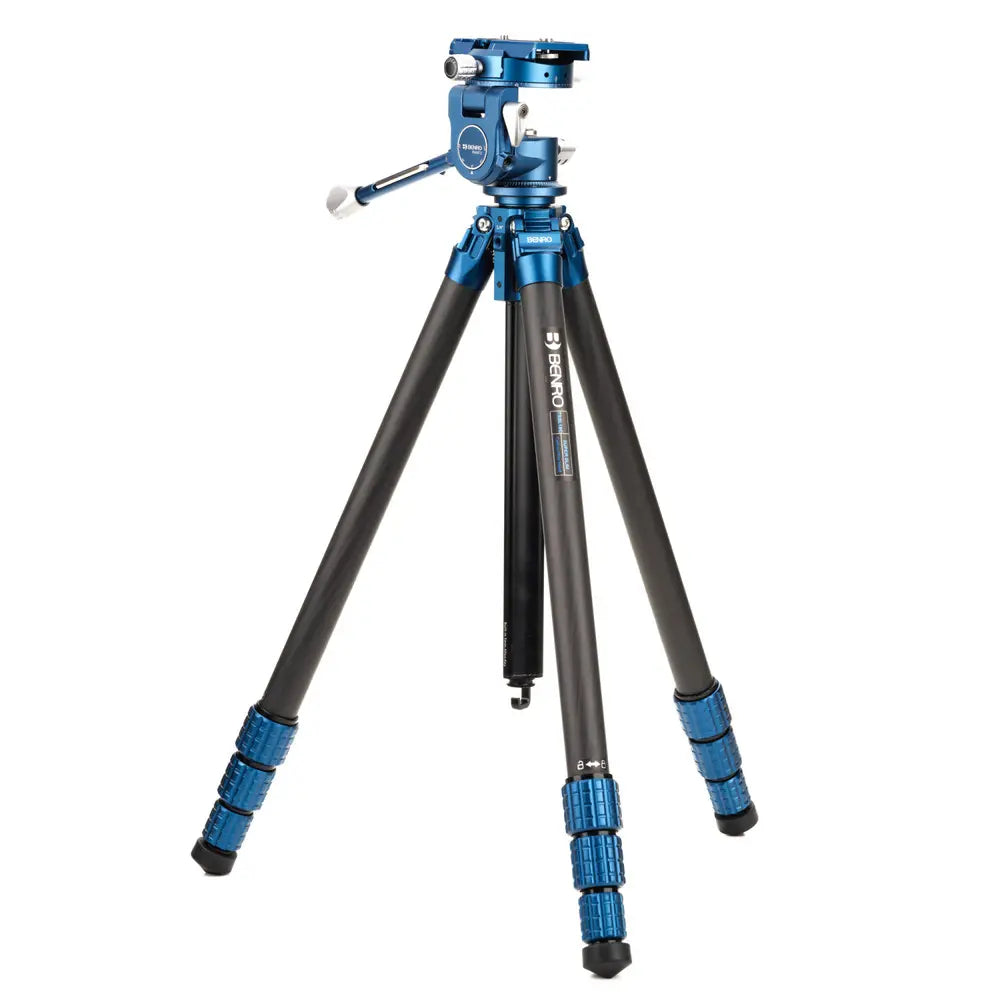 Camera tripod with blue accents on a white background