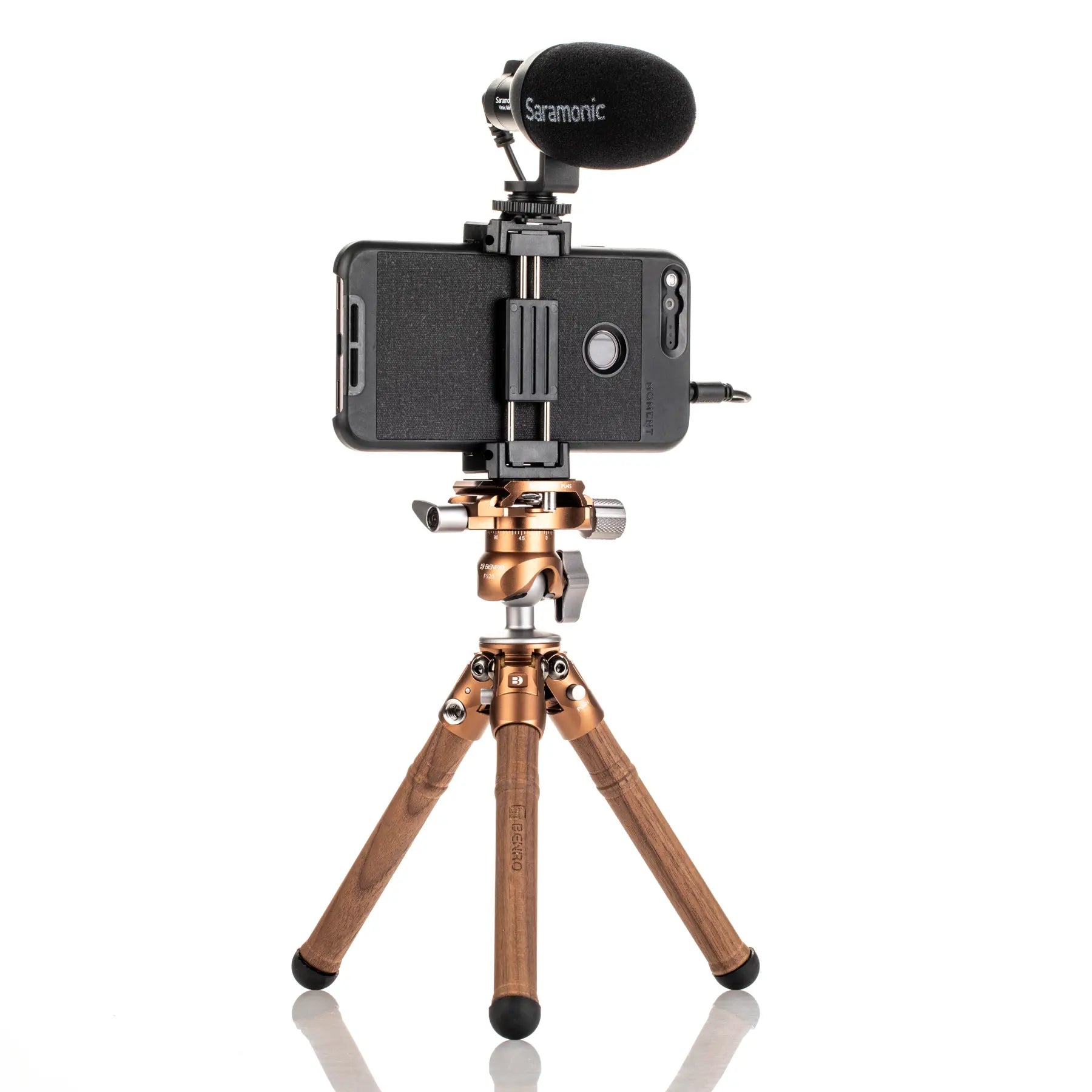 Benro Tablepod Tripod Wooden Edition Kit side angle with phone attached