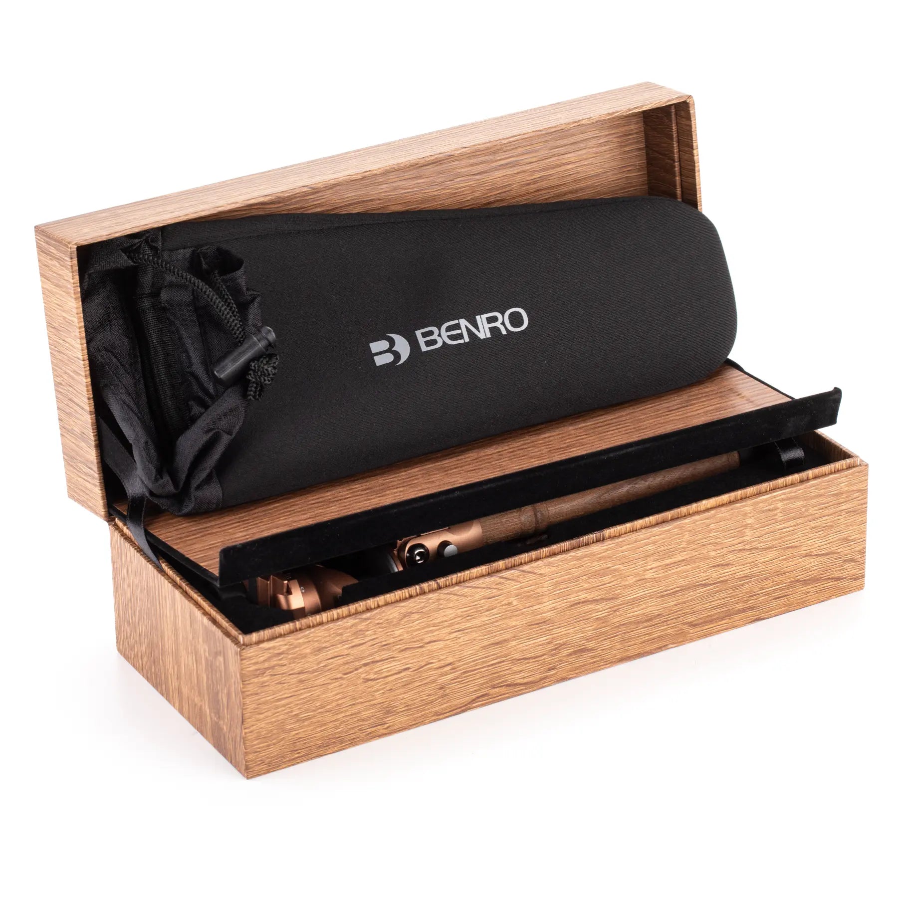 Benro Tablepod Tripod Wooden Edition Kit side angle of box with lid open and bag included