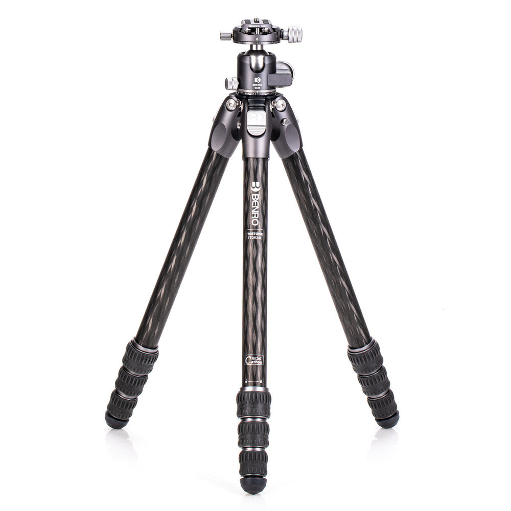 Benro Tortoise 24C Carbon Fibre Tripod with GX30 Ballhead Kit, displayed in an upright position showing the carbon fibre legs and the metal ballhead.