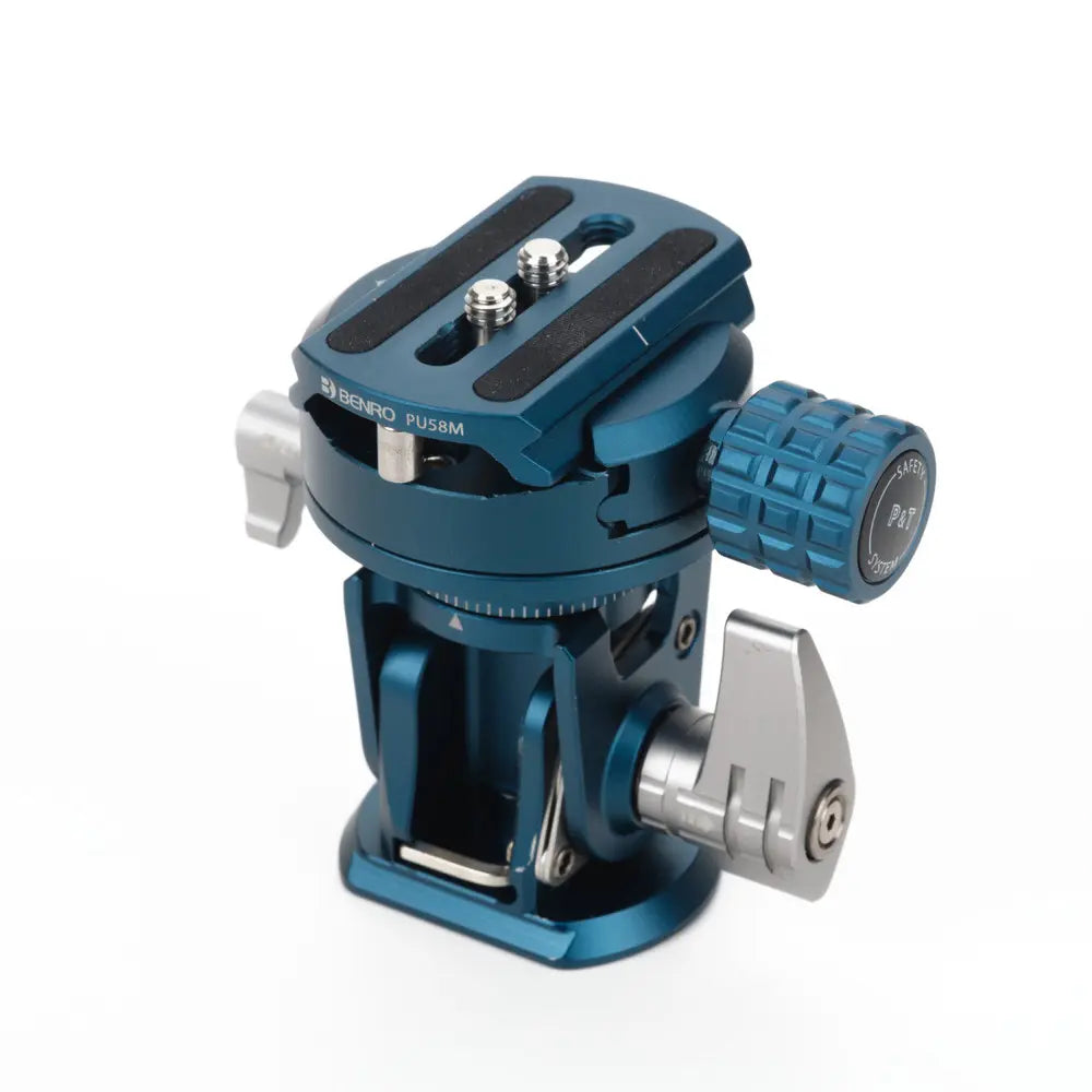 A Benro SupaDupa Tilt Head, colored in blue and silver, designed for use with tripods and monopods for photography.