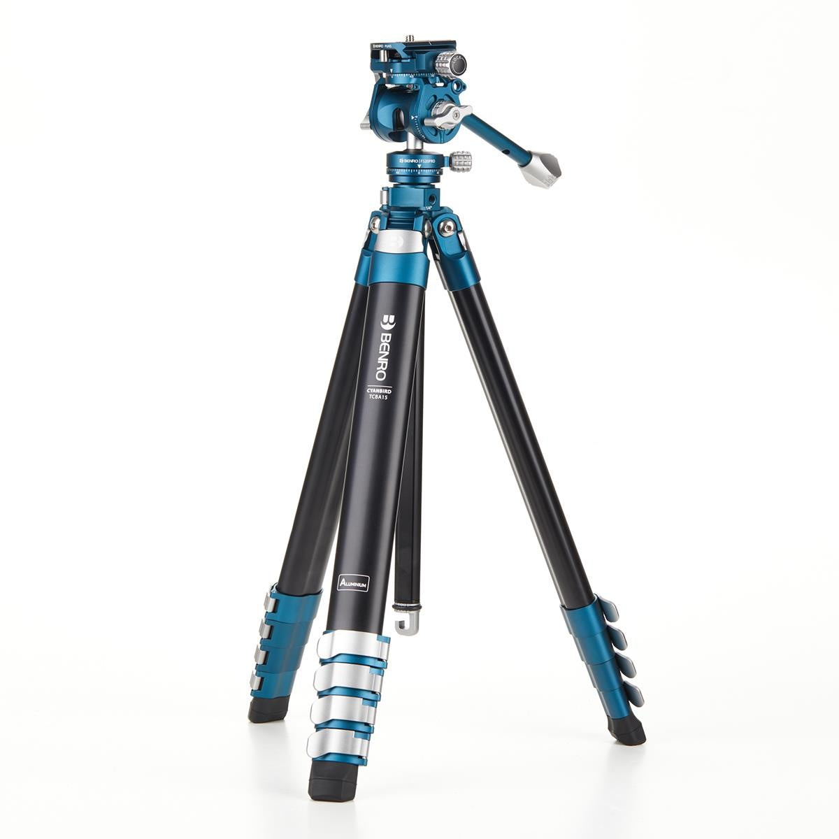 Benro CyanBird Aluminum Tripod with FS20PROC Photo & Video Head, featuring ocean blue and black colors with metal construction.