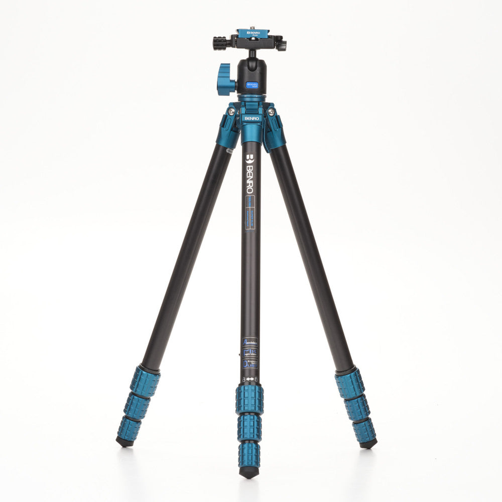 Benro Super Slim Aluminum Tripod with N00P Ball Head, featuring a black and blue color scheme with textured leg locks and a slim profile.