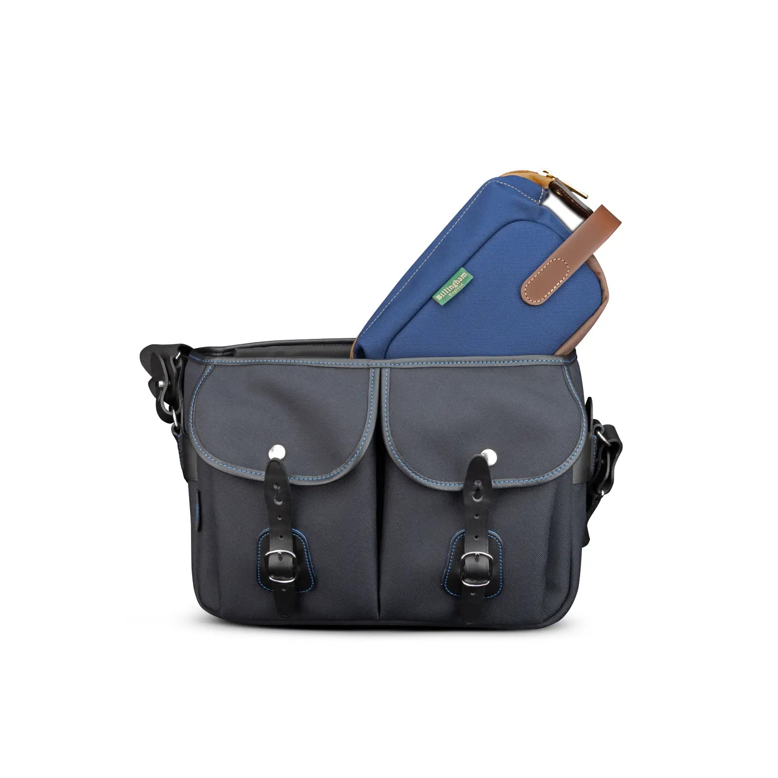 Gray bag with a blue compartment on a white background