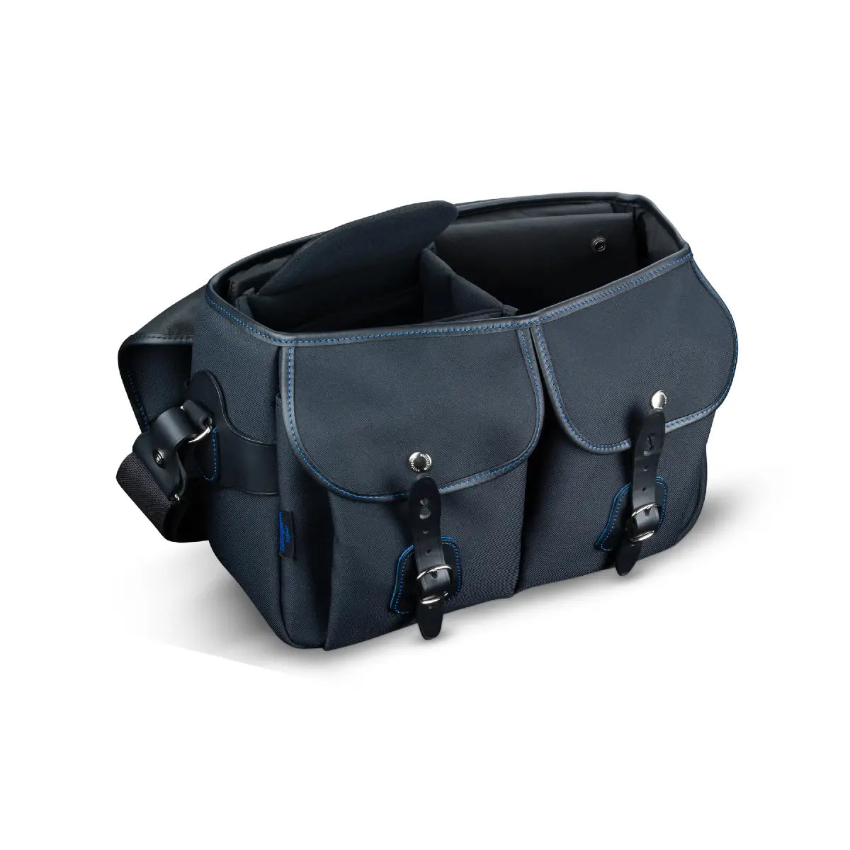 Black leather saddlebag on a white background
