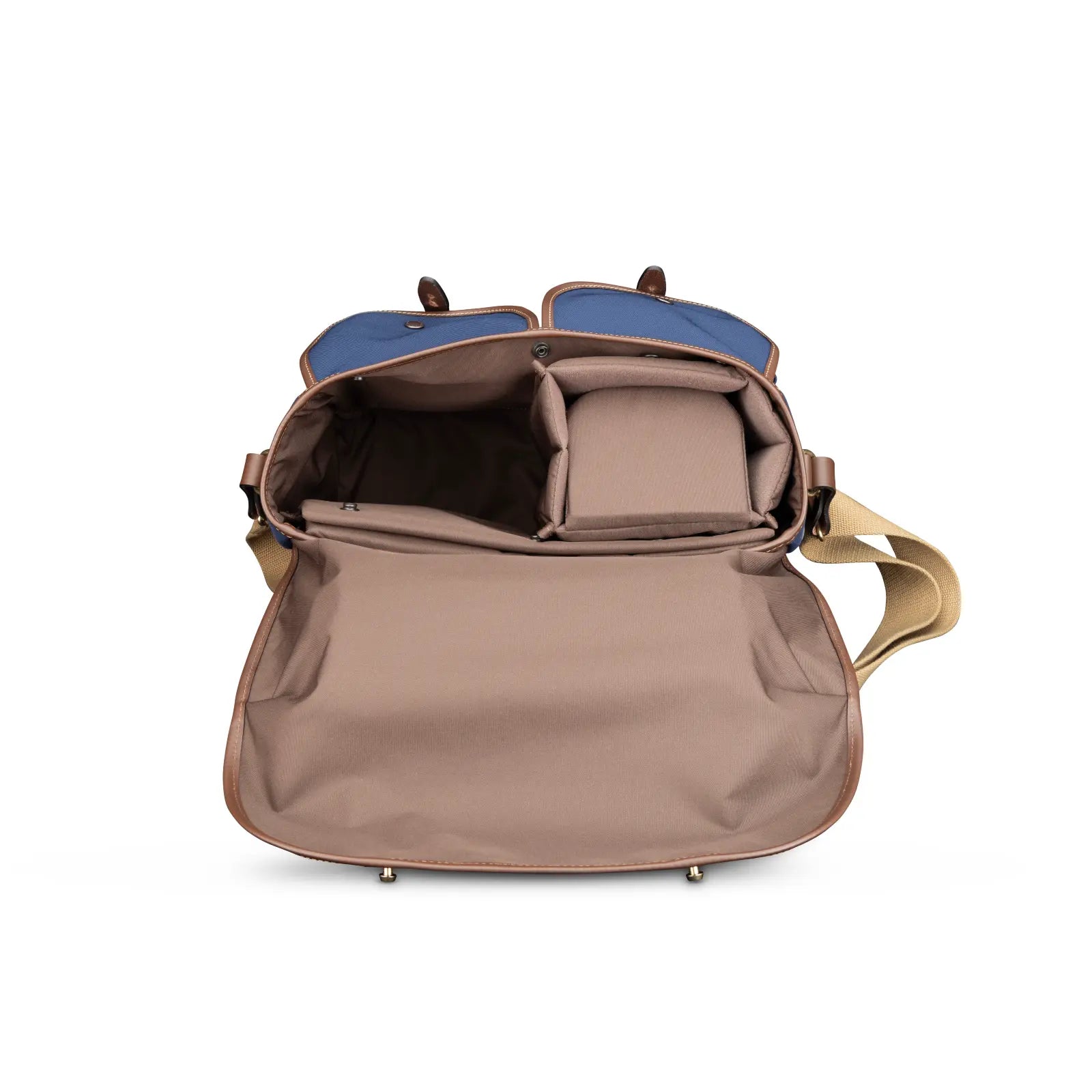 Open beige bag with blue interior on a white background