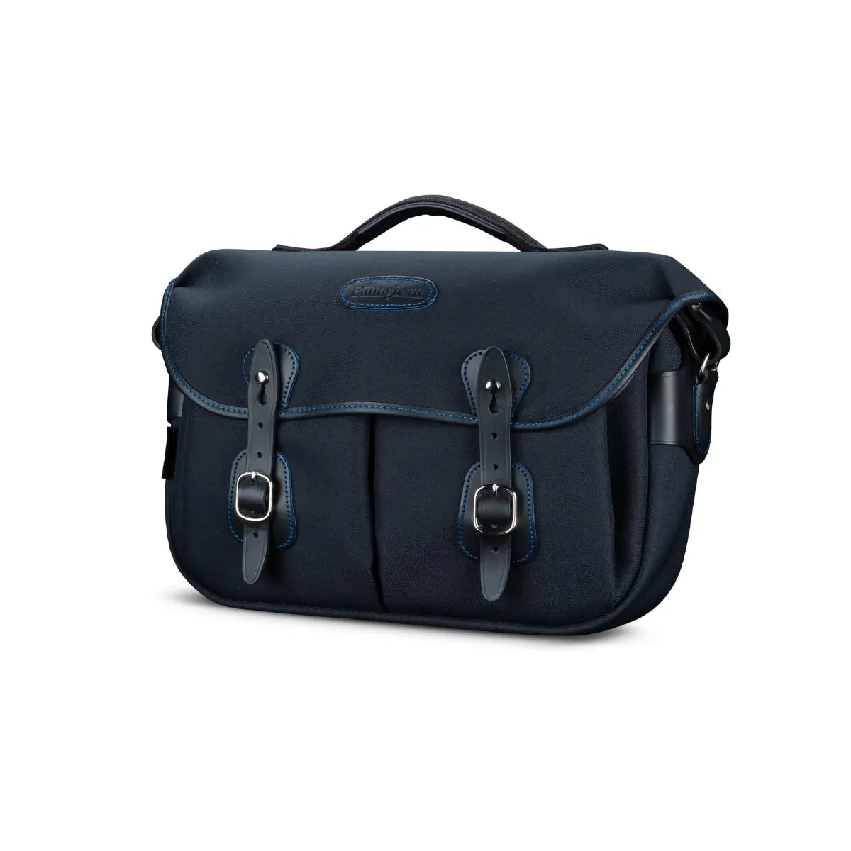 Navy blue leather satchel bag on a white background