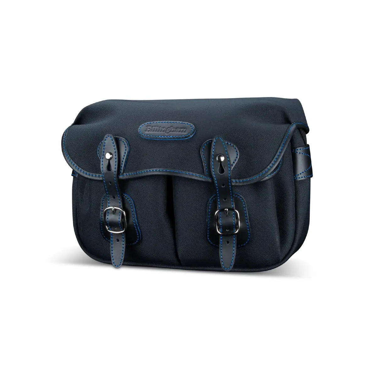 Navy blue bag with leather straps on a white background