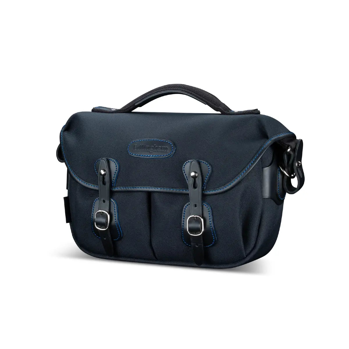 Navy blue leather satchel bag on a white background