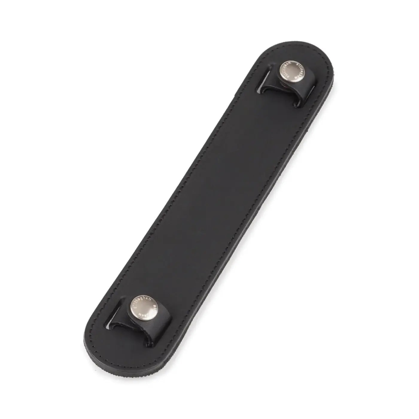 Black leather strap with silver buckles on a white background