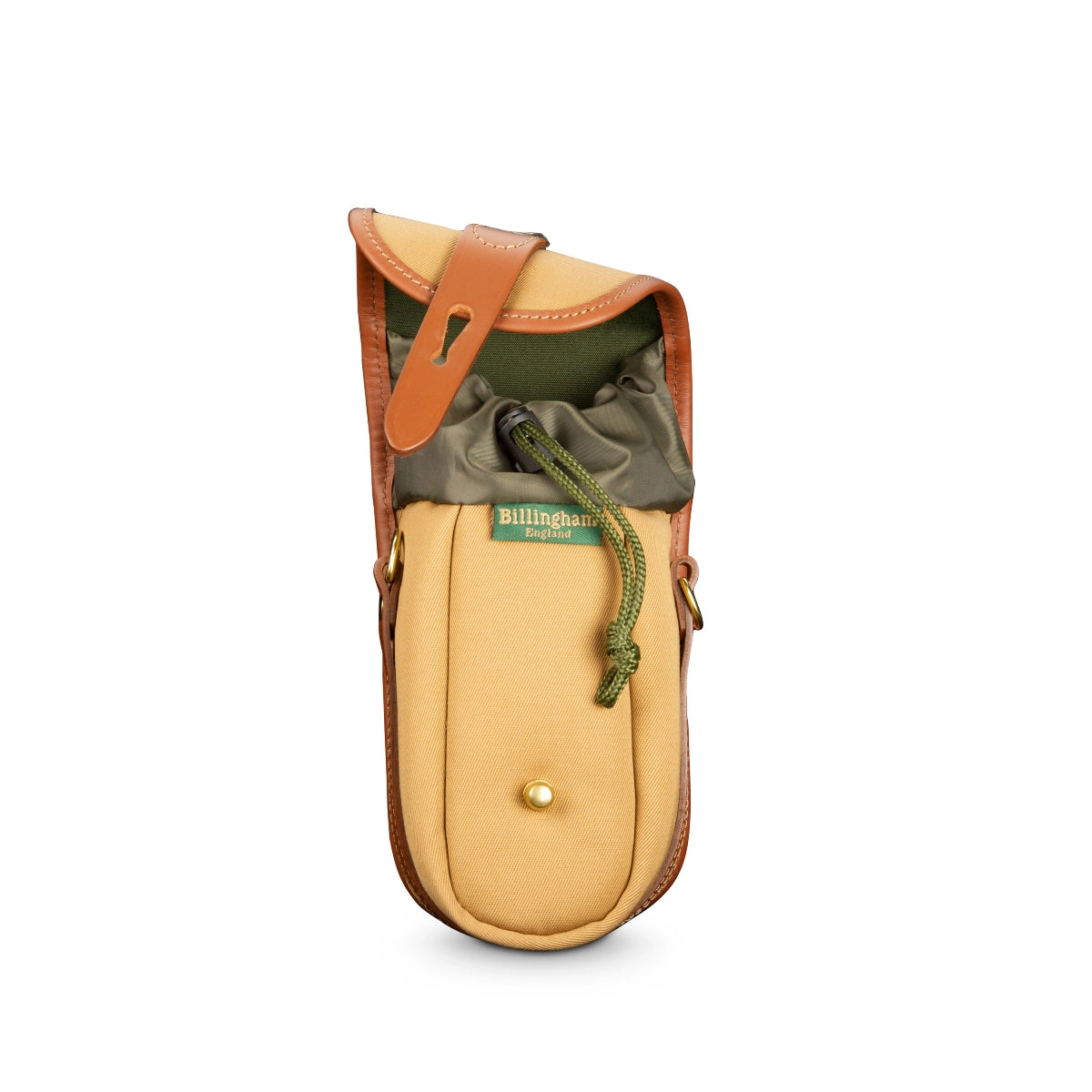 Billingham Ten-16 Khaki/Tan front angle with lid open