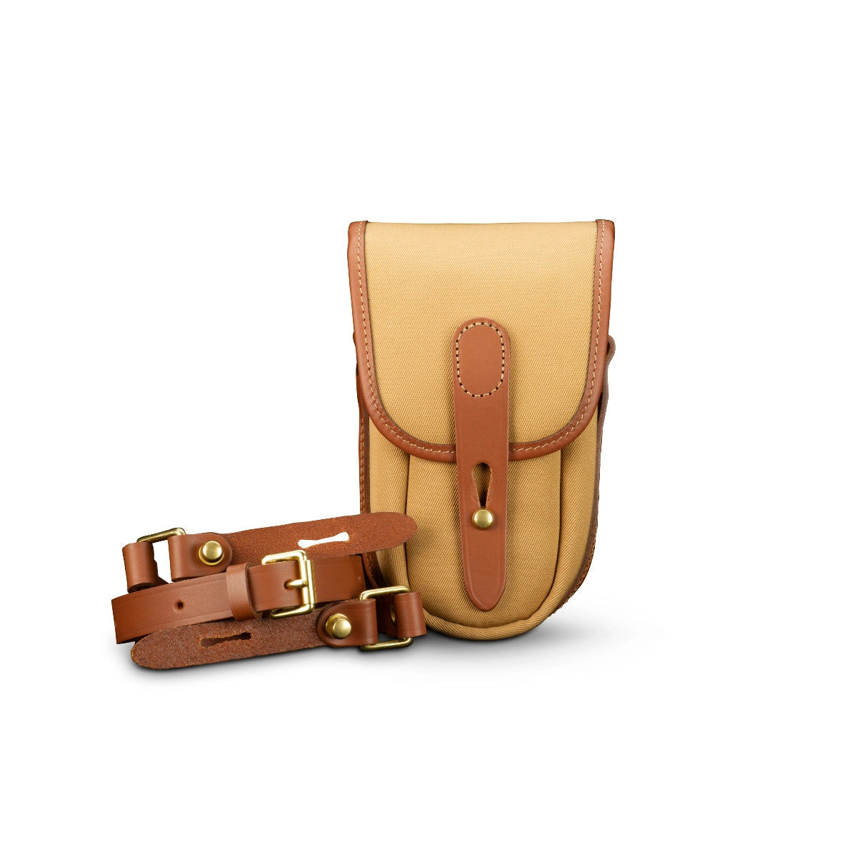 Billingham Ten-16 Khaki/Tan front angle with strap