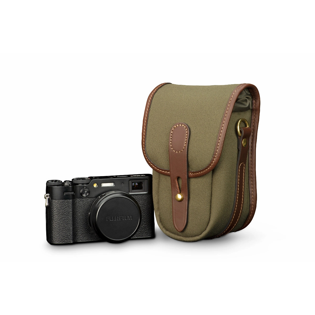 Billingham Ten-16 Sage Fibrenyte/Chocolate front angle with camera