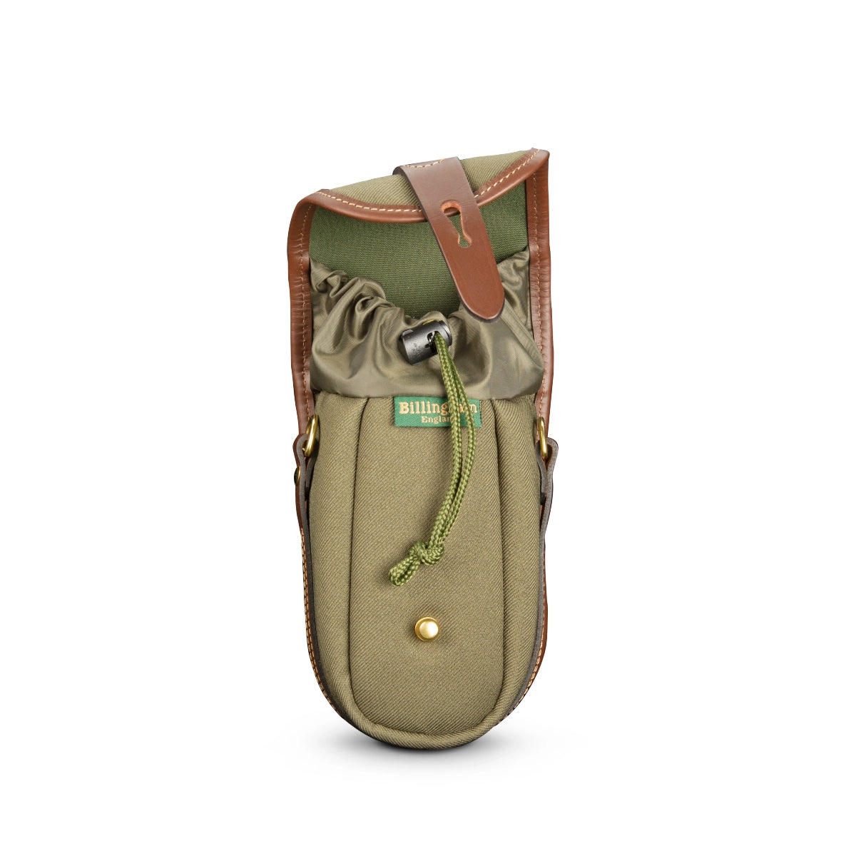 Billingham Ten-16 Sage Fibrenyte/Chocolate front angle with lid open