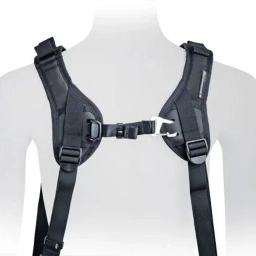 Black shoulder harness on a mannequin with a white background