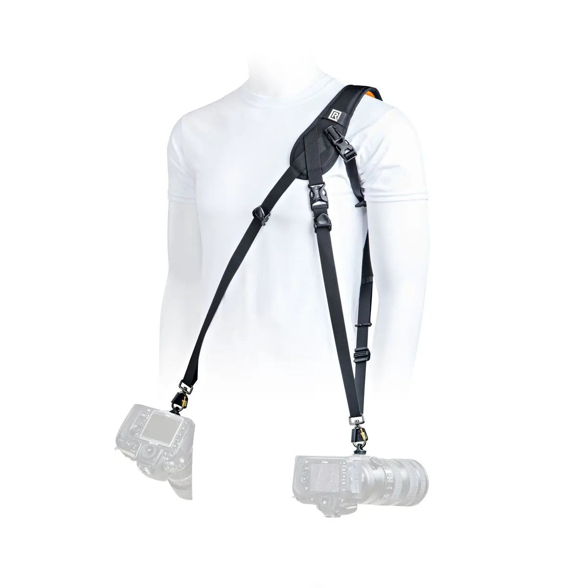 Camera harness with two camera bodies on a white background